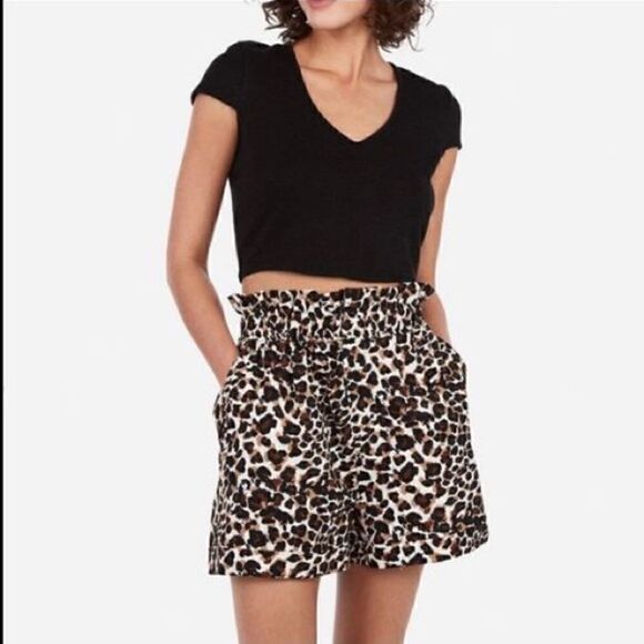 EXPRESS X Rocky Barnes High-waist Leopard Print Paper Bag Shorts - Picture 3 of 15